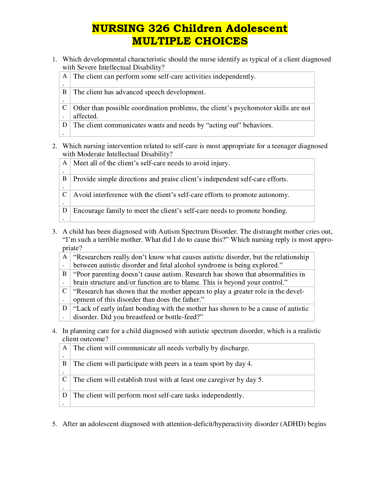 Preview image of NURSING 326 Children Adolescent MULTIPLE CHOICES document